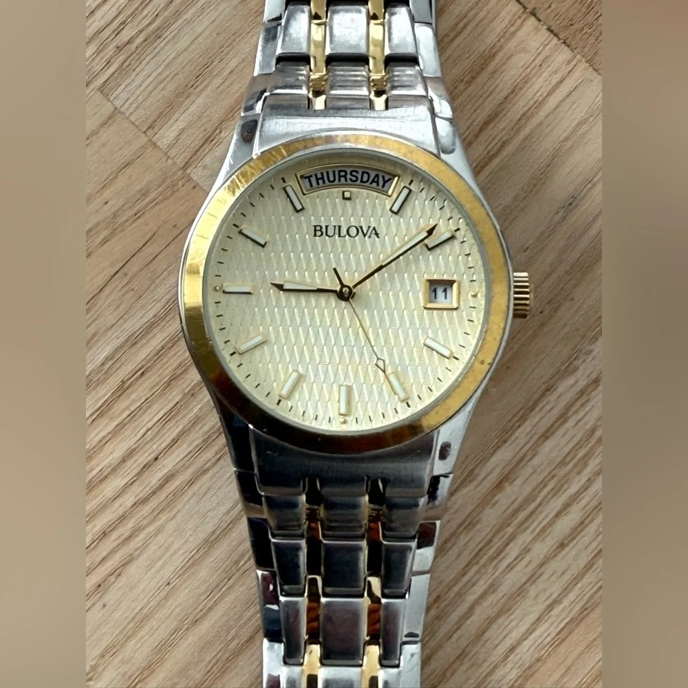 Bulova Luxury Men's Watch Gold Dial and Hands Two-Tone Bracelet Day Date Windows